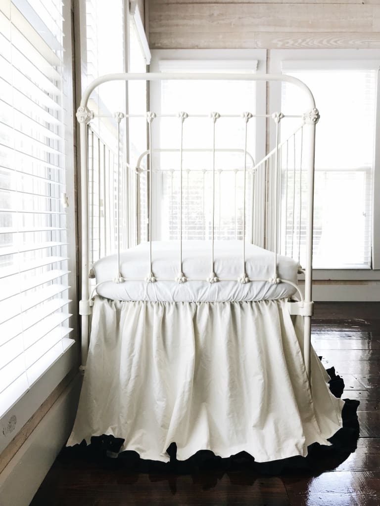 Ivory and Black Ruffled Crib Skirt handmade heirloom nursery - High Cotton Textile