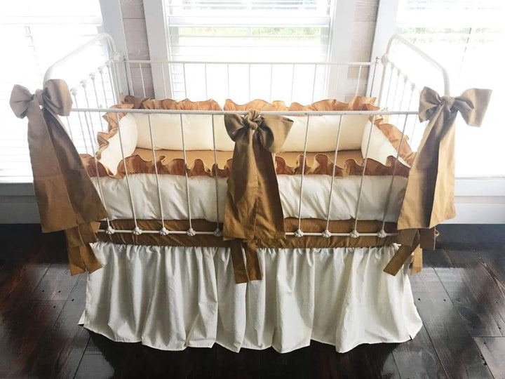 Ivory and Gold Crib Bedding Set + 3 Large Gold Crib Bows