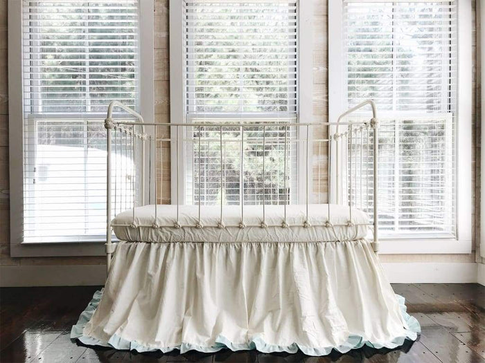 Ivory and mist ruffled crib skirt in washed cotton, 22-inch drop, gathered