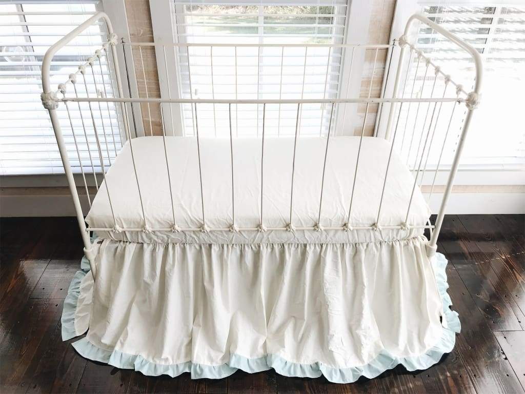 Ivory and Mist Ruffled Crib Skirt handmade heirloom nursery - High Cotton Textile