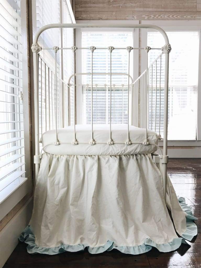 Ivory and Mist Ruffled Crib Skirt handmade heirloom nursery - High Cotton Textile