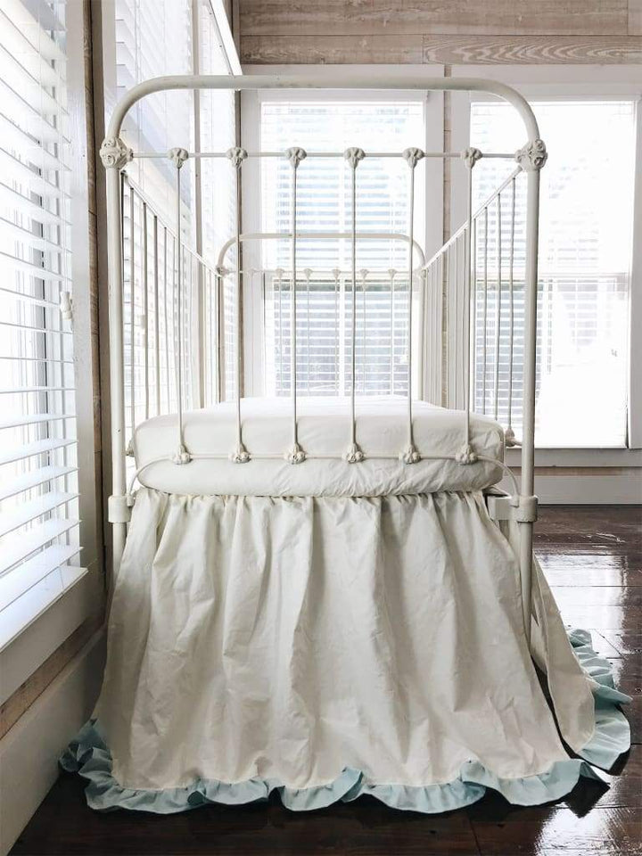 Ivory and Mist Ruffled Crib Skirt handmade heirloom nursery - High Cotton Textile