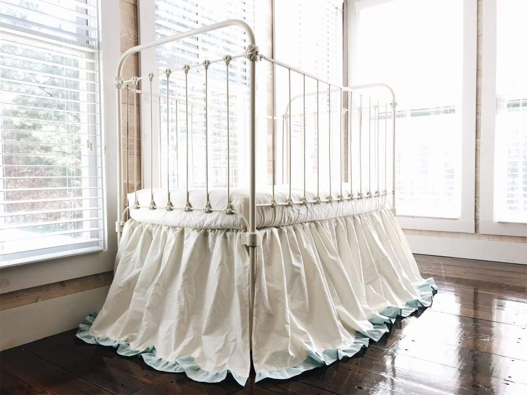 Ivory and Mist Ruffled Crib Skirt handmade heirloom nursery - High Cotton Textile