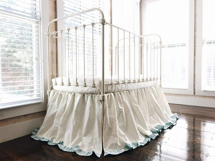 Ivory and Mist Ruffled Crib Skirt handmade heirloom nursery - High Cotton Textile