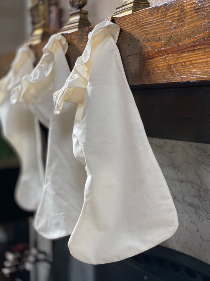 Ivory Farmhouse Ruffled Christmas Stockings handmade heirloom nursery - High Cotton Textile