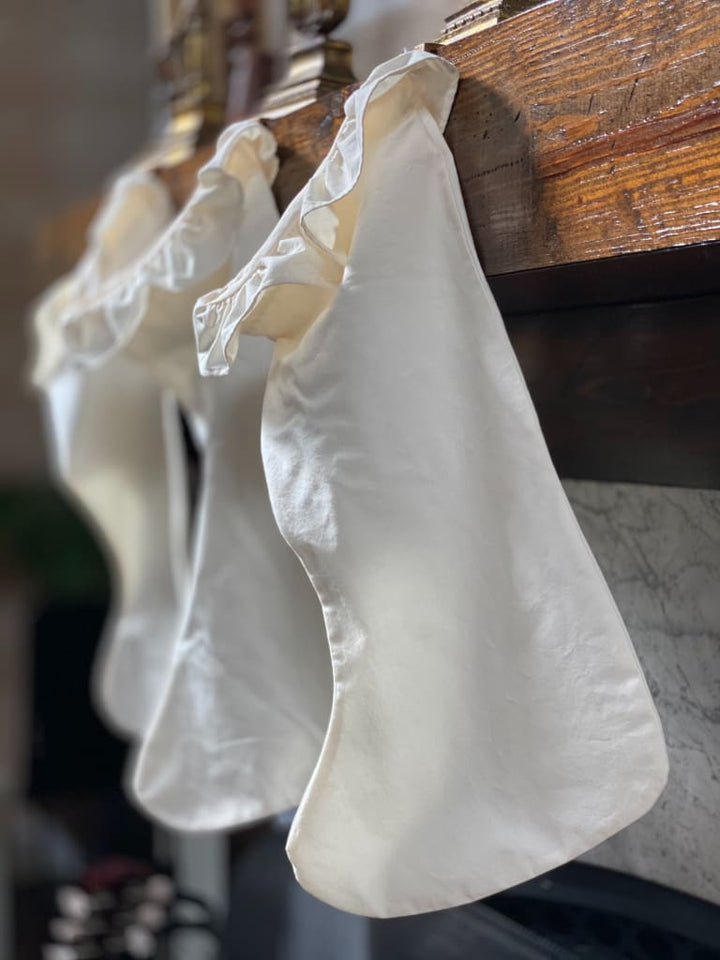 Ivory Farmhouse Ruffled Christmas Stockings handmade heirloom nursery - High Cotton Textile