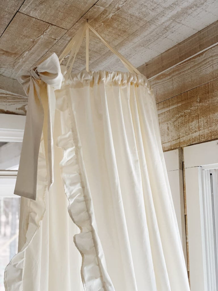 Ivory Farmhouse Ruffled Crib Canopy handmade heirloom nursery - High Cotton Textile