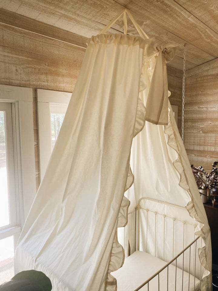 Ivory Farmhouse Ruffled Crib Canopy handmade heirloom nursery - High Cotton Textile