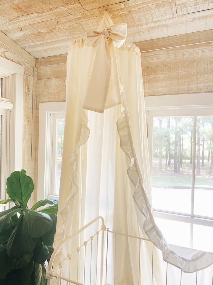 Ivory Farmhouse Ruffled Crib Canopy handmade heirloom nursery - High Cotton Textile