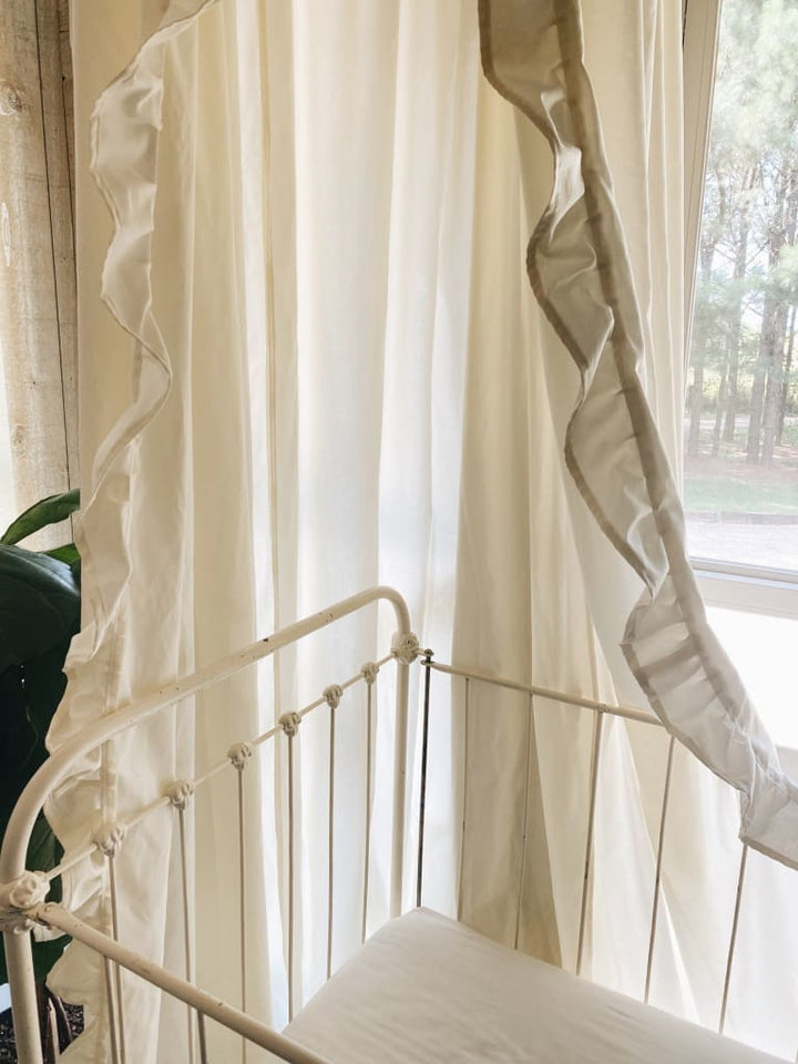 Ivory Farmhouse Ruffled Crib Canopy handmade heirloom nursery - High Cotton Textile