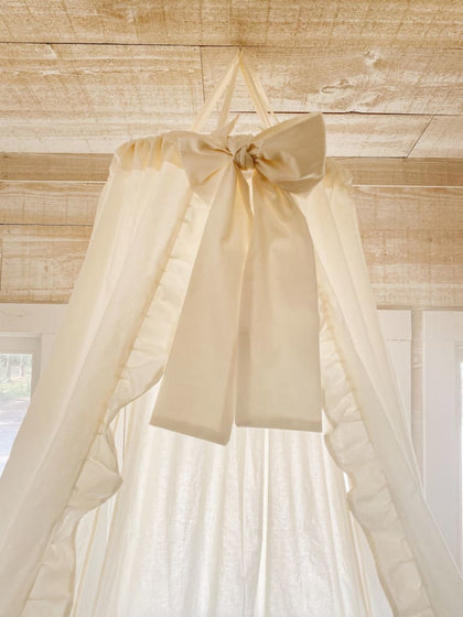 Ivory farmhouse ruffled crib canopy in washed cotton