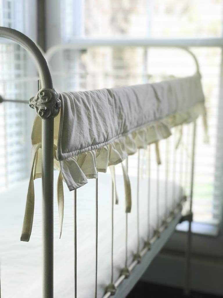 Ivory Ruffled Crib Rail Cover with Optional Personalization handmade heirloom nursery - High Cotton Textile