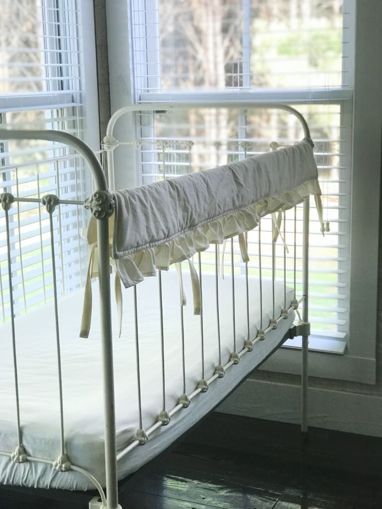 Ivory Ruffled Crib Rail Cover with Optional Personalization handmade heirloom nursery - High Cotton Textile