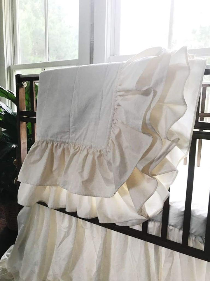 Ivory Ruffled Handmade Baby Quilt handmade heirloom nursery - High Cotton Textile