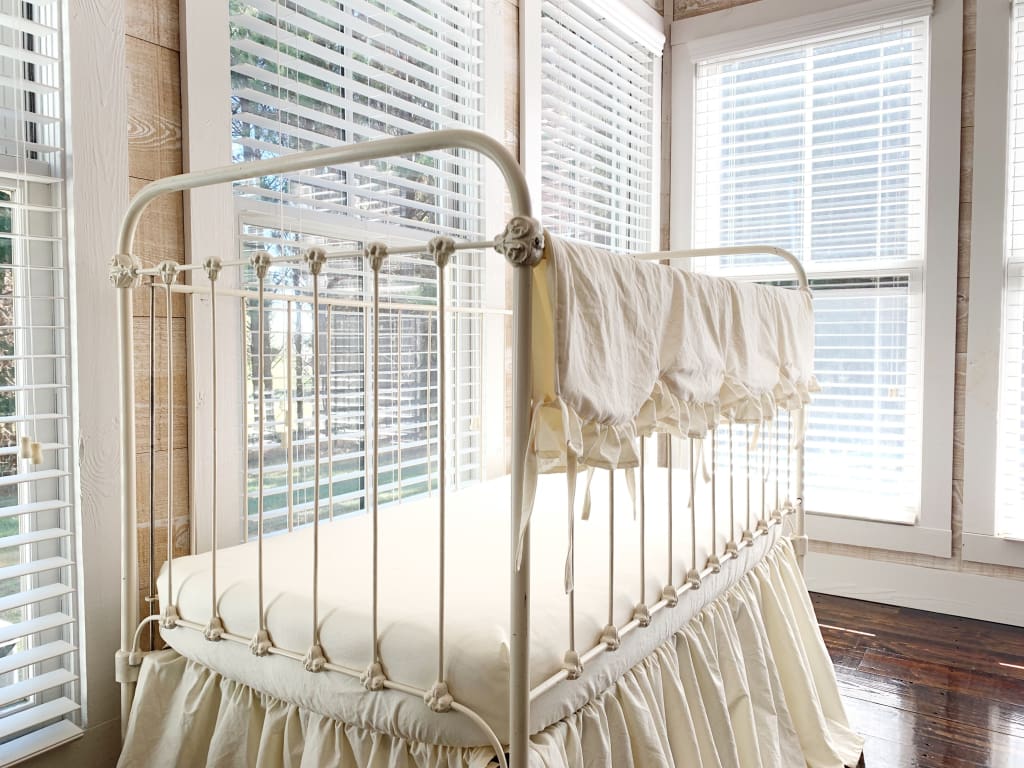 Ivory Scalloped Crib Rail Cover – Long Side | Optional Personalization handmade heirloom nursery - High Cotton Textile