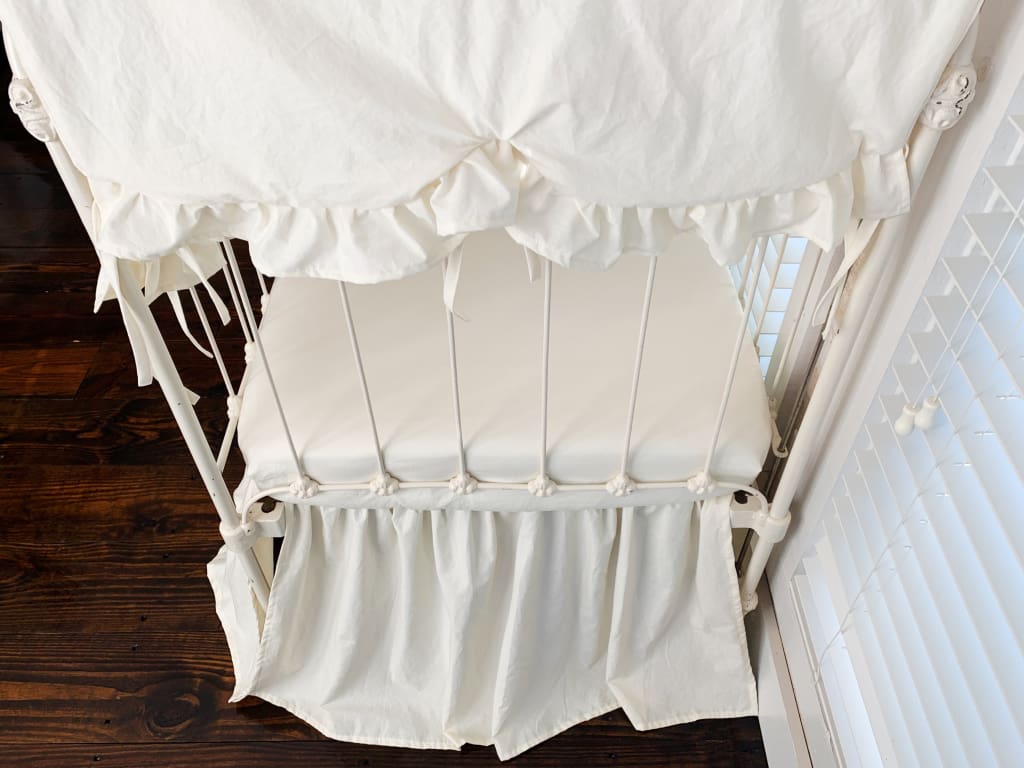 Ivory Scalloped Crib Rail Cover Set with Farmhouse Skirt and Crib Sheet handmade heirloom nursery - High Cotton Textile