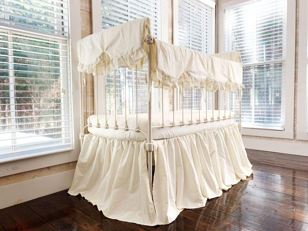 Ivory Scalloped Crib Rail Cover Set with Farmhouse Skirt and Crib Sheet handmade heirloom nursery - High Cotton Textile