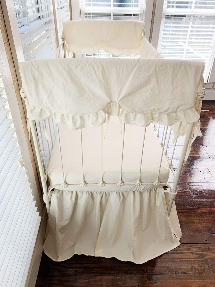 Ivory Scalloped Crib Rail Cover Set with Farmhouse Skirt and Crib Sheet handmade heirloom nursery - High Cotton Textile