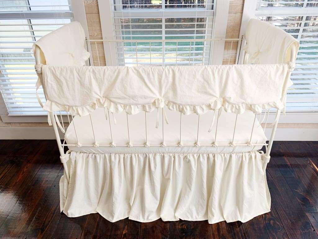 Ivory Scalloped Crib Rail Cover Set with Farmhouse Skirt and Crib Sheet handmade heirloom nursery - High Cotton Textile