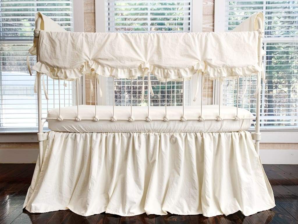 Ivory Scalloped Crib Rail Cover Set with Farmhouse Skirt and Crib Sheet handmade heirloom nursery - High Cotton Textile