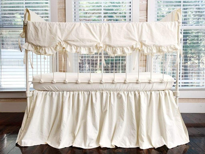 Ivory Scalloped Crib Rail Cover Set with Farmhouse Skirt and Crib Sheet handmade heirloom nursery - High Cotton Textile