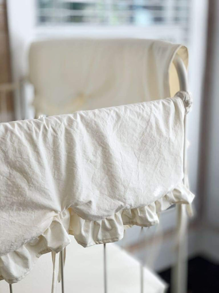 Ivory Scalloped Crib Rail Cover Set with Farmhouse Skirt and Crib Sheet handmade heirloom nursery - High Cotton Textile