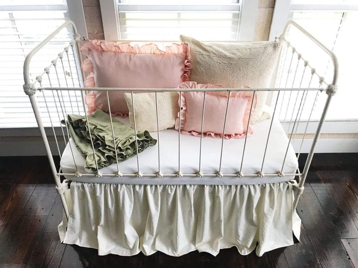 Ivory with Pink and Sage Simple Crib Bedding Set for Girls handmade heirloom nursery - High Cotton Textile