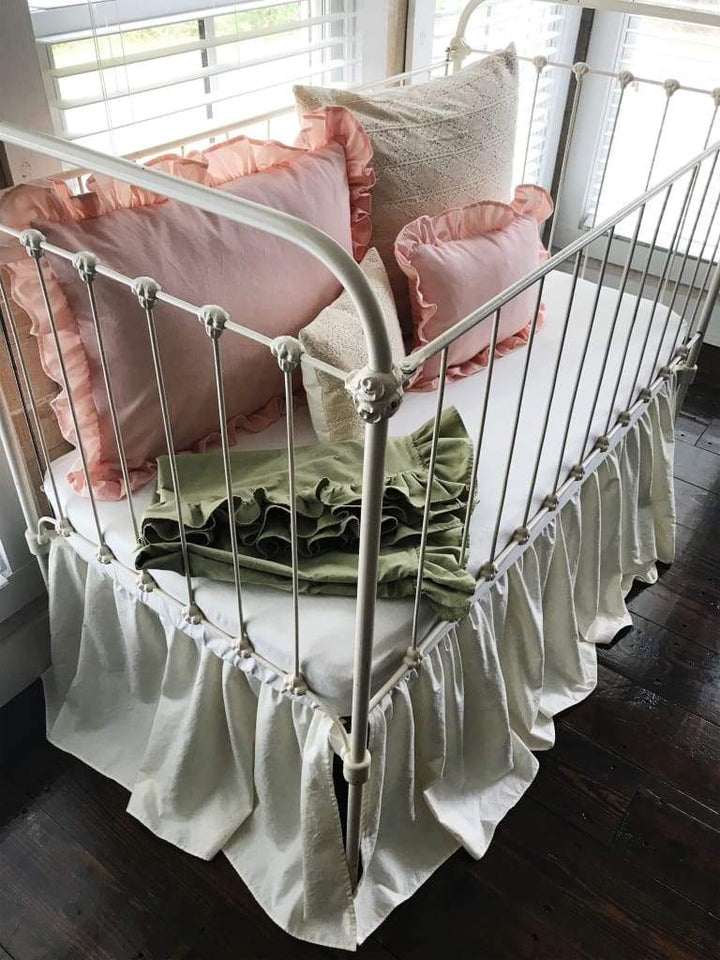 Ivory with Pink and Sage Simple Crib Bedding Set for Girls handmade heirloom nursery - High Cotton Textile