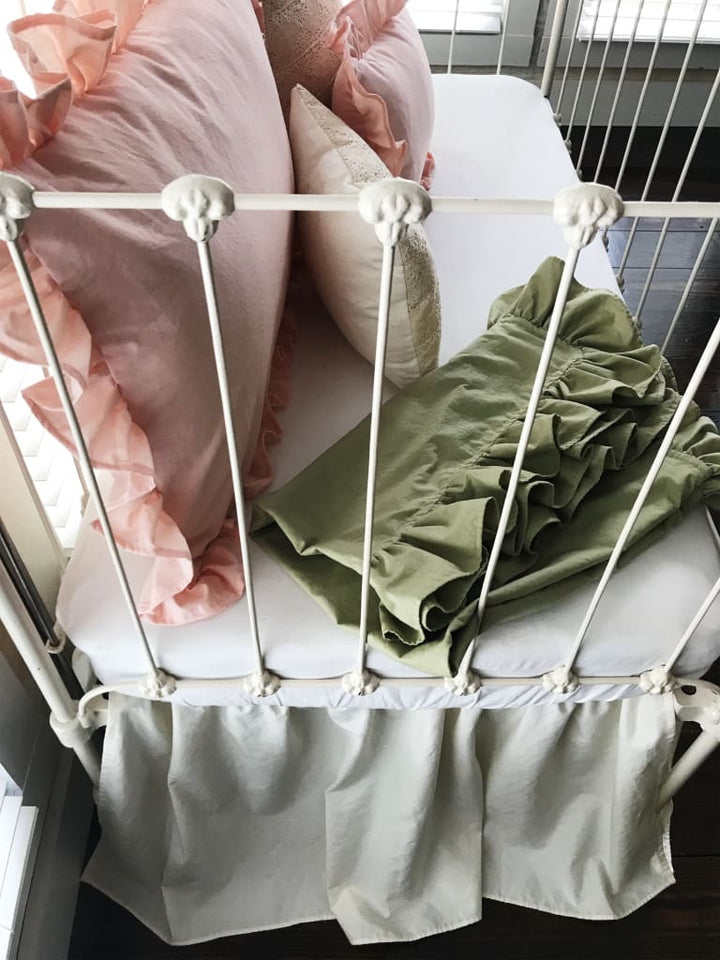 Ivory with Pink and Sage Simple Crib Bedding Set for Girls handmade heirloom nursery - High Cotton Textile