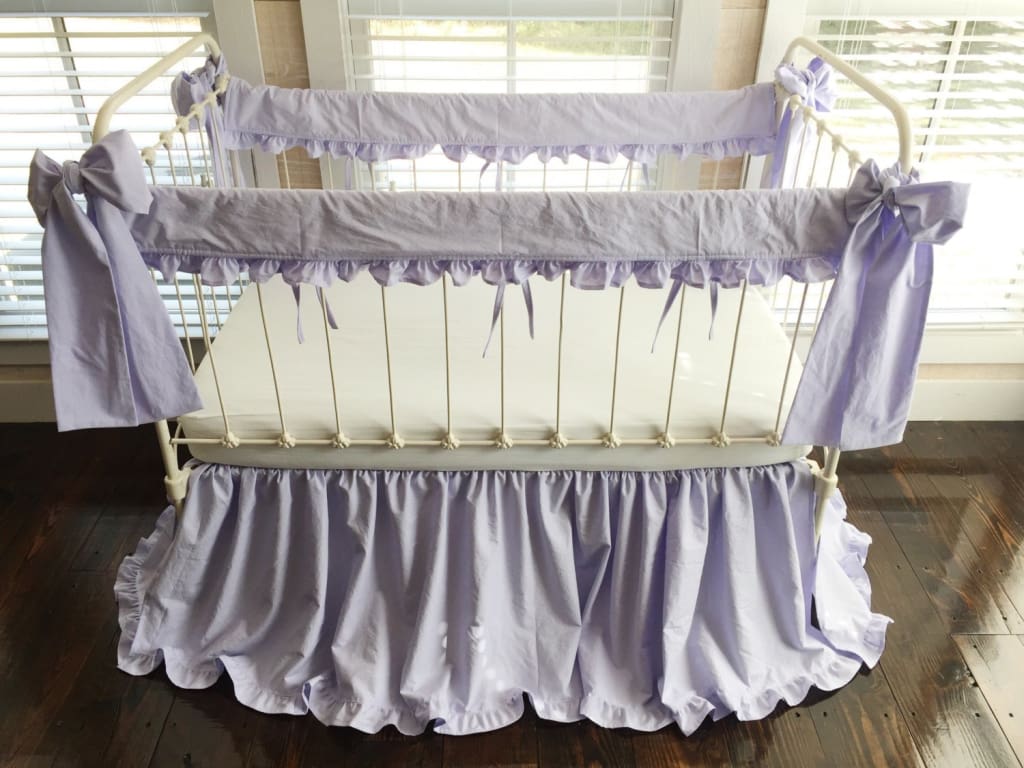 Lavender Ruffled Crib Bedding Set with Rail Covers, Skirt & Bows handmade heirloom nursery - High Cotton Textile