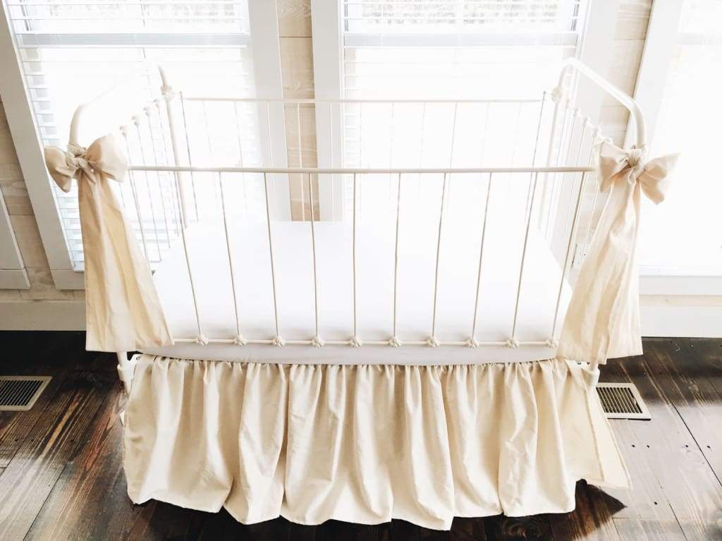Natural Farmhouse Crib Skirt and Large Crib Bows Set handmade heirloom nursery - High Cotton Textile