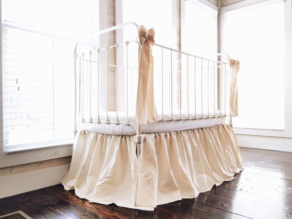 Natural Farmhouse Crib Skirt and Large Crib Bows Set handmade heirloom nursery - High Cotton Textile