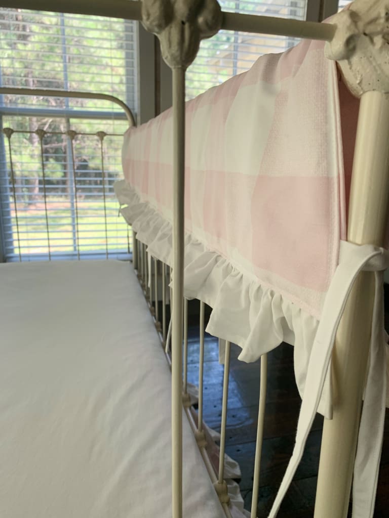 Pink Buffalo Check Ruffle Crib Rail Cover – Personalized Option Available handmade heirloom nursery - High Cotton Textile