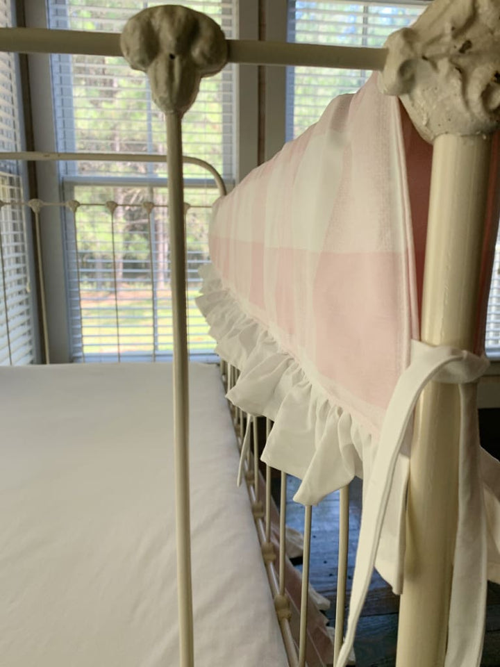 Pink Buffalo Check Ruffle Crib Rail Cover – Personalized Option Available handmade heirloom nursery - High Cotton Textile