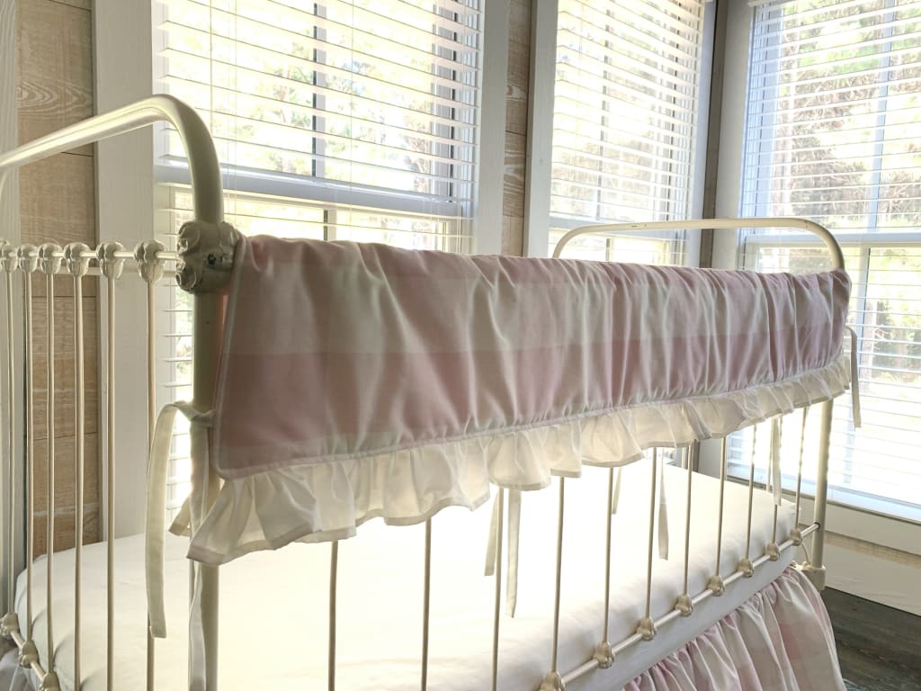 Pink Buffalo Check Ruffle Crib Rail Cover – Personalized Option Available handmade heirloom nursery - High Cotton Textile