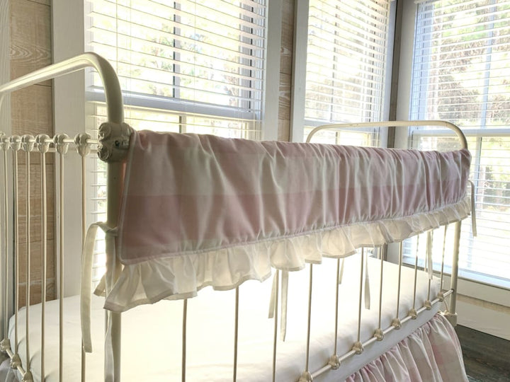 Pink Buffalo Check Ruffle Crib Rail Cover – Personalized Option Available handmade heirloom nursery - High Cotton Textile