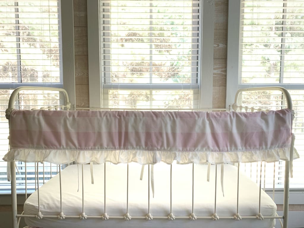 Pink Buffalo Check Ruffle Crib Rail Cover – Personalized Option Available handmade heirloom nursery - High Cotton Textile