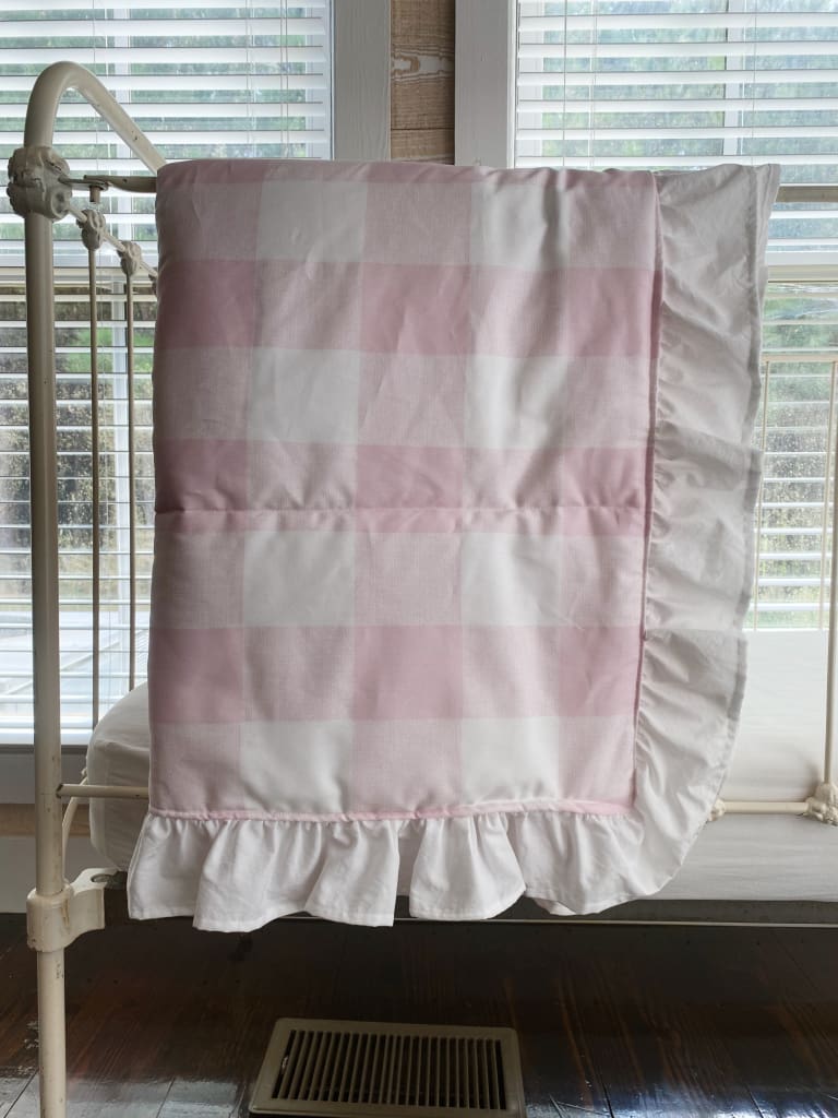 Pink Buffalo Check Ruffled Crib Quilt handmade heirloom nursery - High Cotton Textile