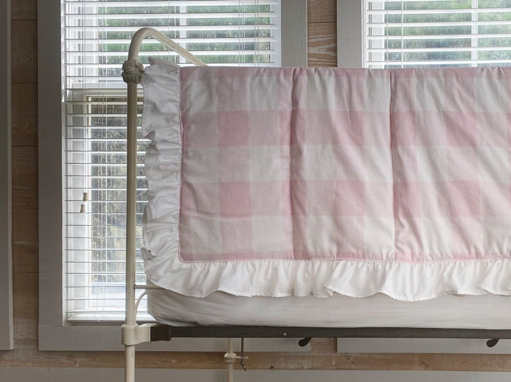 Pink Buffalo Check Ruffled Crib Quilt handmade heirloom nursery - High Cotton Textile