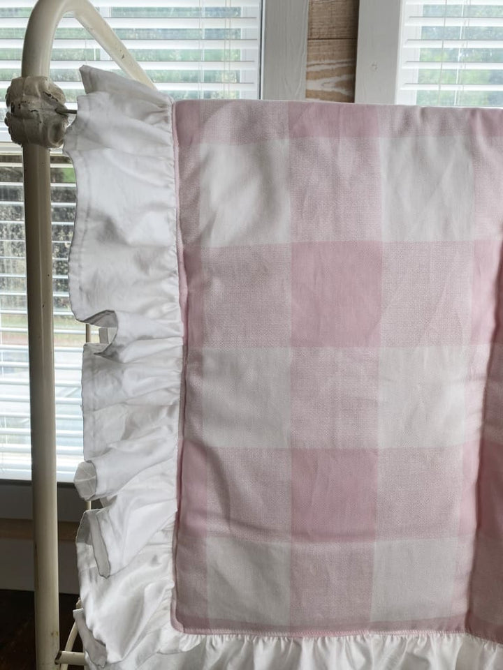 Pink Buffalo Check Ruffled Crib Quilt handmade heirloom nursery - High Cotton Textile