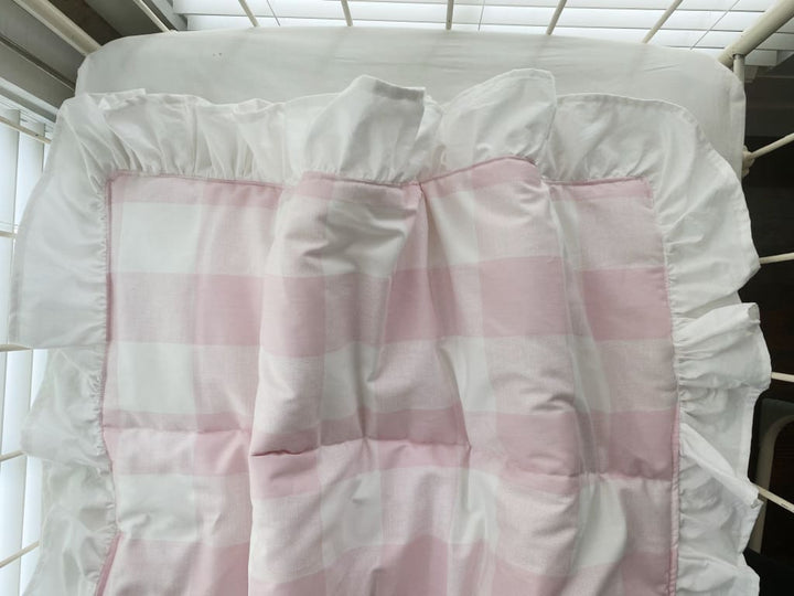 Pink Buffalo Check Ruffled Crib Quilt handmade heirloom nursery - High Cotton Textile