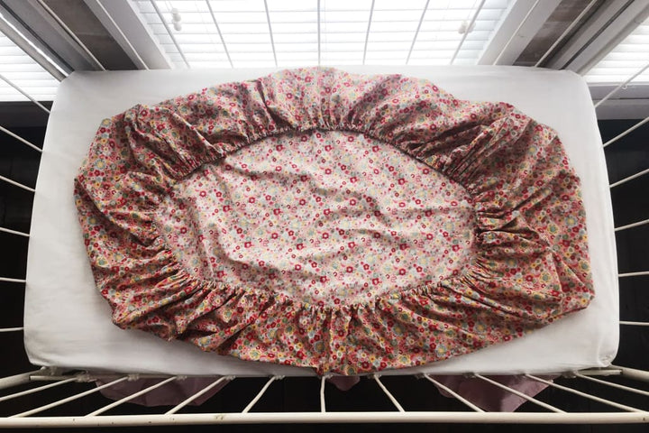 Pink Floral Fitted Crib Sheet handmade heirloom nursery - High Cotton Textile