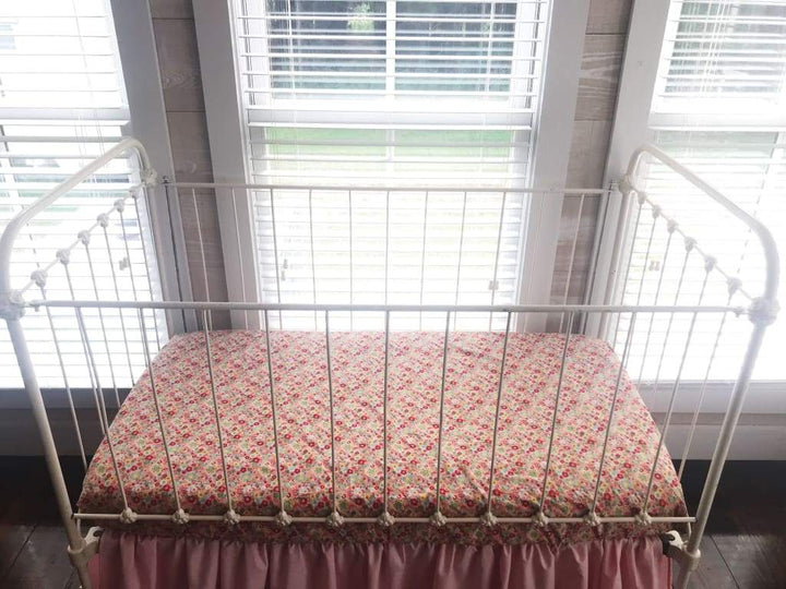 Pink Floral Fitted Crib Sheet handmade heirloom nursery - High Cotton Textile