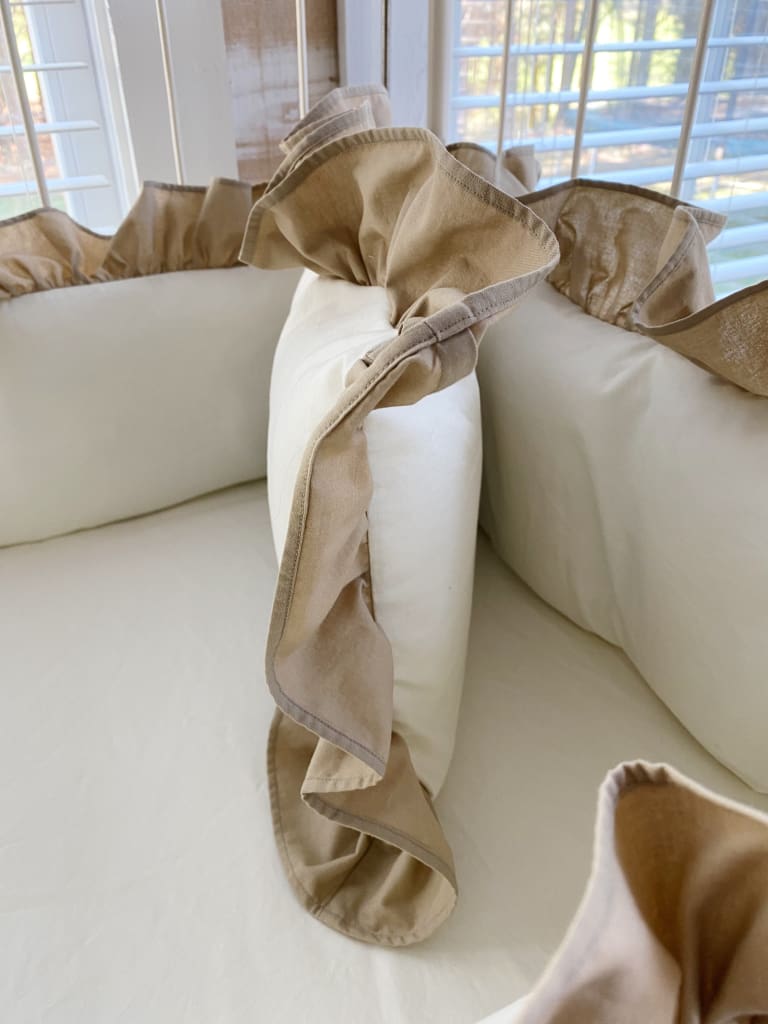 Porcelain and Oatmeal Ruffle Crib Pillow handmade heirloom nursery - High Cotton Textile