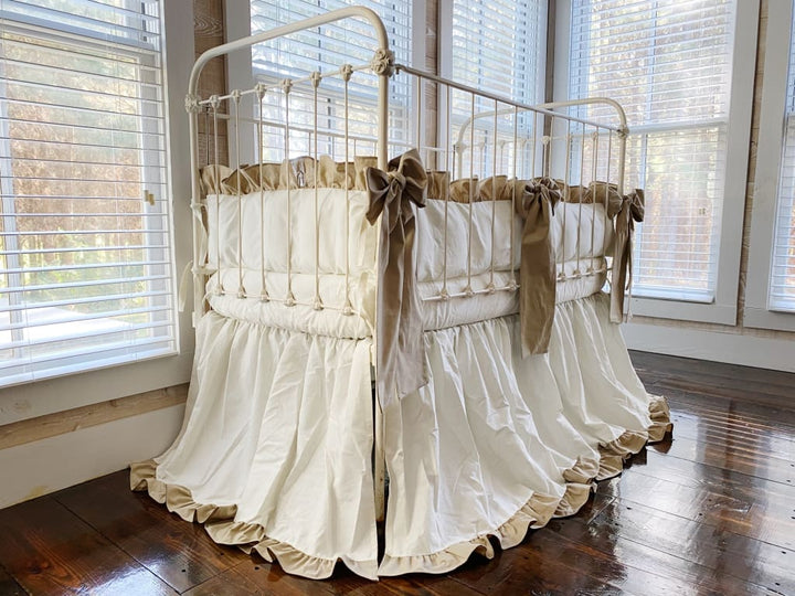Porcelain and Oatmeal Ruffled Crib Bedding Set + Large Crib Bows