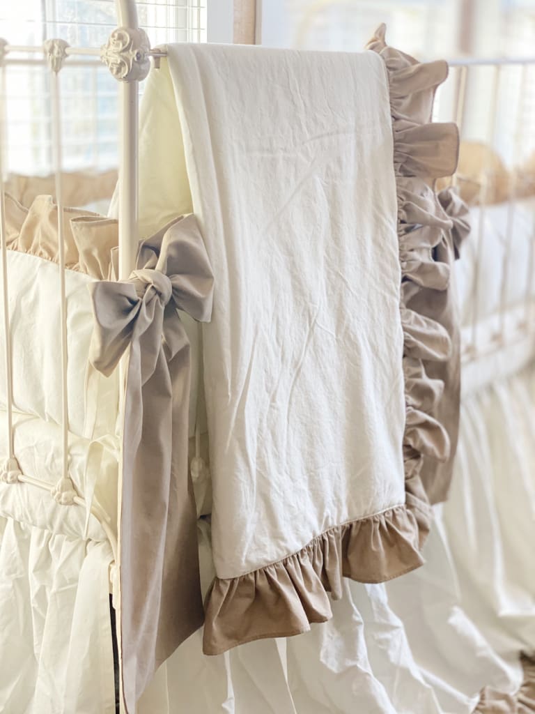 Ruffle Baby Crib Quilt in Porcelain and Oatmeal handmade heirloom nursery - High Cotton Textile