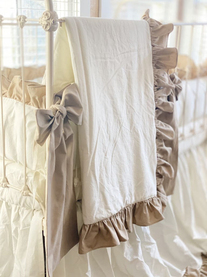 Ruffle Baby Crib Quilt in Porcelain and Oatmeal handmade heirloom nursery - High Cotton Textile