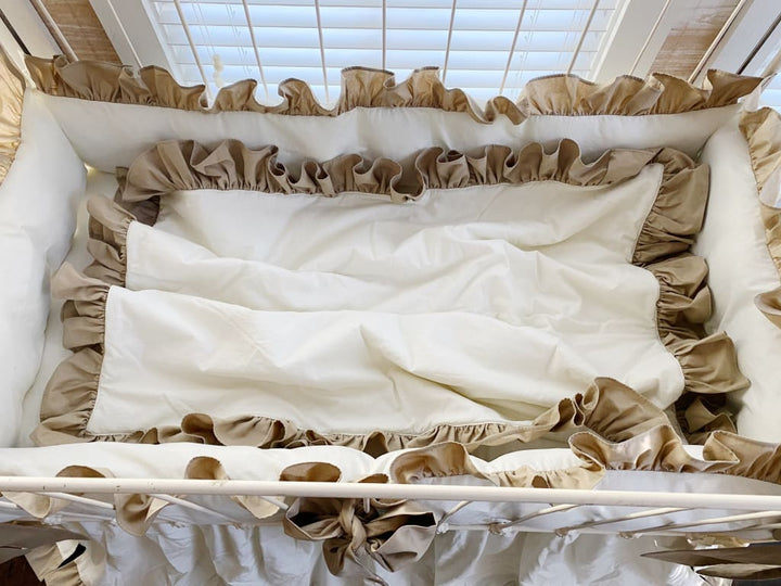 Ruffle Baby Crib Quilt in Porcelain and Oatmeal handmade heirloom nursery - High Cotton Textile