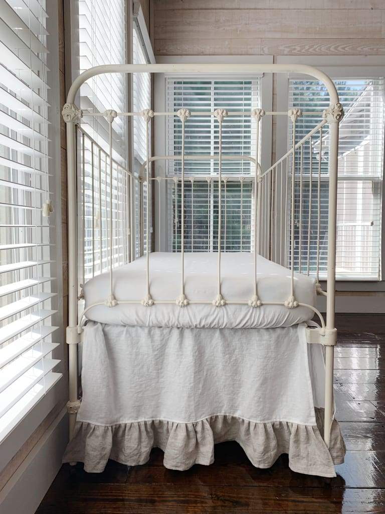 Ruffle Linen Crib Skirt in White and Oatmeal handmade heirloom nursery - High Cotton Textile