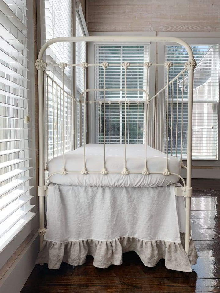 Ruffle Linen Crib Skirt in White and Oatmeal handmade heirloom nursery - High Cotton Textile
